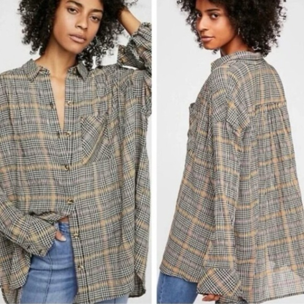 Free People Break My Stride Oversized Plaid Long Sleeve Button Up Shirt Size XS